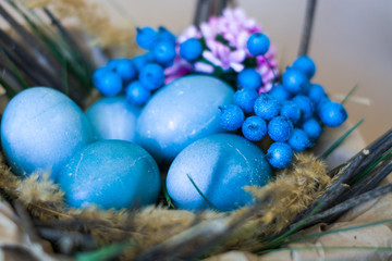 Easter holiday, background and decor of painted blue eggs in nest of flowers, branches. Religion and traditions.