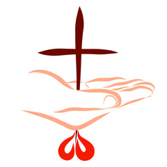 Savior's hand pierced by a cross and a heart-shaped drop of blood