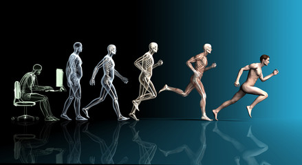 Sitting man, walking and running man with muscles and skeleton, 3D illustration