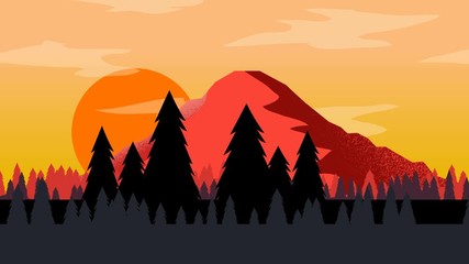 Animated cartoon background. Looped animation of mountain landscape with pine trees. Flat footage with parallax effect. side view