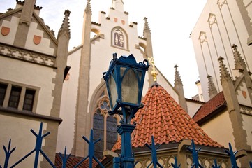 Isolated blue street lantern in front of a synagogue (Prague, Czech Republic, Europe)