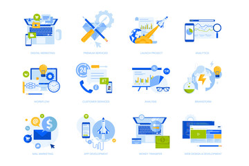 Flat design concept icons collection. Vector illustrations for business, startup, marketing, web and app design and development, e-banking and customer support. Icons for graphic and web designs.