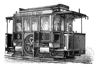 Antique gas locomobile / Antique illustration from Brockhaus Konversations-Lexikon 1908