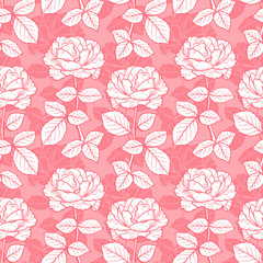 Vector Flowers and Leaves Seamless Pattern. Hand drawn Branches of Rose Flower outline Sketch. Beautiful Bouquet of Summer garden Roses flowers. Vintage Floral Background. Plants Wallpaper
