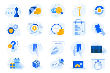 Flat design concept icons collection. Vector illustrations for business, finance, banking, insurance, strategy and analysis, investment, e-commerce, seo, time management, smartphone using. 