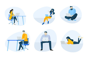 Flat design icons collection. Vector illustrations of people using a laptop for work, communication and entertainment. Icons for graphic and web designs, marketing material and business presentation.