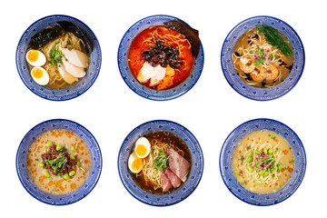 Set of different types of Japanese ramen, tantanmen, shio ramen, shrimp, wood mushrooms, top view on the white background, in blue traditional bowls, isolated