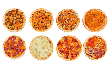 Set of different variaty of pizzas, italian cuisine on the white background, top view, isolated