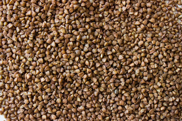 The texture of dry buckwheat. Background image of buckwheat porridge.