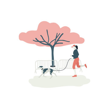 Young Woman Running Alone With Her Greyhound Dog At Park Flat Vector Illustration On White Background