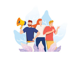 Our team, customer communicate. Followers, happy people staying together.About us, contact us, follow us metaphors.