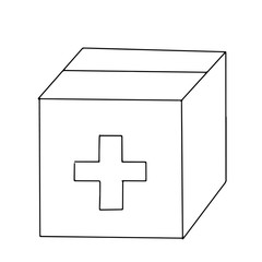 Obraz premium Cardboard carton box with medical cross isolated on white background. simple outline vector illustration in doodle style. Concept of humanitarian aid, post parcels, posters, shipping, charity.