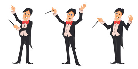Conductor of orchestra in different poses. Male character in cartoon style. © Pakon