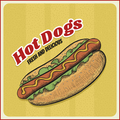 Hot Dog in engraved style. Vintage hot dogs poster. Fast food illustration. Vector hand drawn style