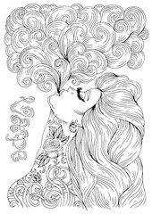 Vector drawing in profile face sexy tattooed woman with long hair, let a pair vaping e-cigarette. Poster vape bar. Pattern smoking girl for coloring page A4. Graphic design card, print on t-shirt 