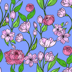 Seamless vector pattern with flowers on blue background. Good for printing. Wallpaper, fabric and textile design. Cute floral wrapping paper pattern 