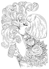 Fototapeta premium JPEG drawing in profile glamorous woman with a haircut bob, let a pair vaping e-cigarette. Girl with a tattoo rose and thorns holding vaporizer electronic cigarette. Pattern smoking girl for coloring 