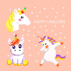cute magic white unicorn, pixel art. vector