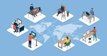 International business team connecting online together and teleworking