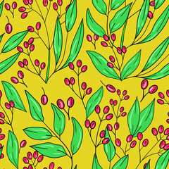 Seamless vector pattern with red berries with leaves on yellow background. Wallpaper, fabric and textile design. Good for printing. Cute wrapping paper pattern with fruits and berries.