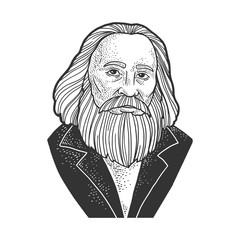 Dmitri Mendeleev portrait sketch engraving vector illustration. T-shirt apparel print design. Scratch board imitation. Black and white hand drawn image.
