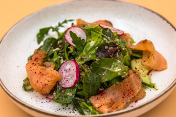 Salad of greens and fish close-up