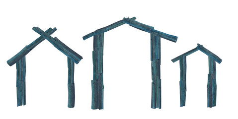 Driftwood eco souvenir houses. Ocean clip art on white background