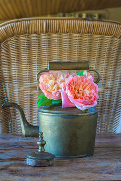 Beautiful still life in retro style. Pink rose flowes in vintage copper teapot