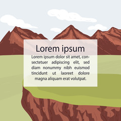 Beautiful mountain landscape banner, poster, flyer template with place for your text in the middle. Flat hand drawn vector illustration.