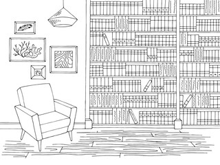 Library interior graphic black white sketch illustration vector