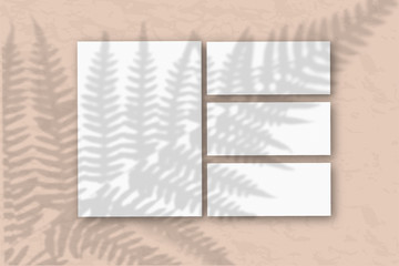 Several horizontal and vertical sheets of white textured paper on the sand-colored wall. Mockup overlay with the plant shadows. Natural light casts shadows from the fern leaves