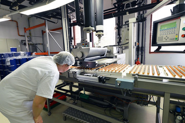Production of pralines in a factory for the food industry - women working on the assembly line 