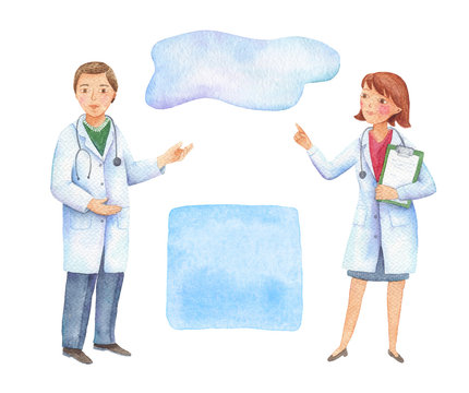 Watercolor Illustration Of A Doctor And A Young Nurse. Banner For Information During The Pandemic.