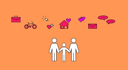 family members illustration background house  orange background  with elements of life