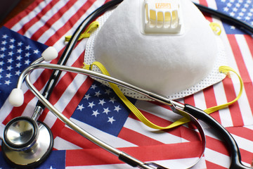 N95 Respirator With Stethoscope On American Flags Close Up High Quality 