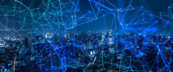 Modern city with wireless network connection and city scape concept.Wireless network and Connection...