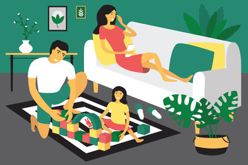 Happy family at home. Father plays with daughter, mother rests on the couch with smartphone. Modern flat design concept of pastime at home. Bright vector illustration.