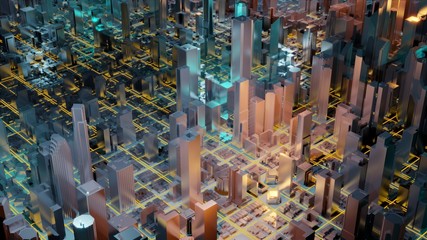 Digital 3d rendering city. Light trails symbolise data travelling in modern city. Flowing data particles and random shapes.