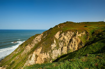 Fototapeta na wymiar Rock shore and green cliff of Europe
