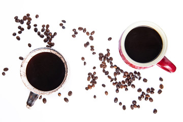 white table with cup of coffee with beans coffee brake