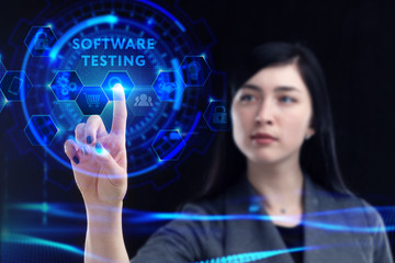 Business, Technology, Internet and network concept. Young businessman working on a virtual screen of the future and sees the inscription: Software testing