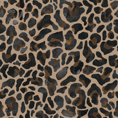 Seamless pattern with leopard fur texture. Repeating leopard or jaguar fur background for textile design, wallpaper. Wild animal skin print. Hand drawn watercolor texture closeup. © mikka_sole