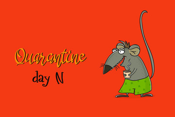 Funny rat with cup of coffee in his hands on quarantine. Funny banner template