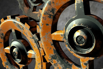 Mechanisms, gears in motion, 3D render, painted gears