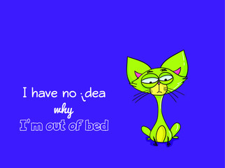 Very funny green cat drawn by hand in cartoon style for textile or ceramic design.