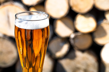 Light beer in a glass goblet on the background of firewood. Rest in the country. Beer foam in the sunlight