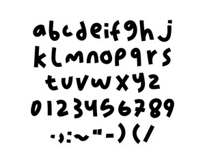 Hand drawn written alphabet with numbers and symbols. Vector font letter isolated on white background