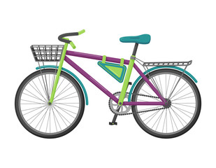 Fototapeta na wymiar Bicycle with a basket, trunk and bag. Eco-friendly urban transport. Outdoor activity. A vehicle for walking, sports, traveling. Vector illustration. Flat style. isolated on white.