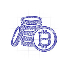 money bitcoin. simple silhouette. Hand drawn sketched picture with scribble fill. Blue ink. Doodle on white background