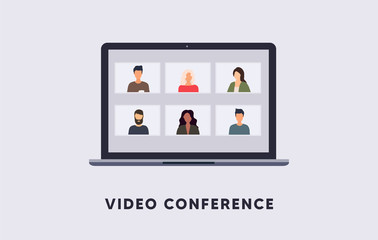 Fototapeta premium Teleconference web video conference. Call during coronavirus COVID-19 pandemic. Outbreak display on screen.